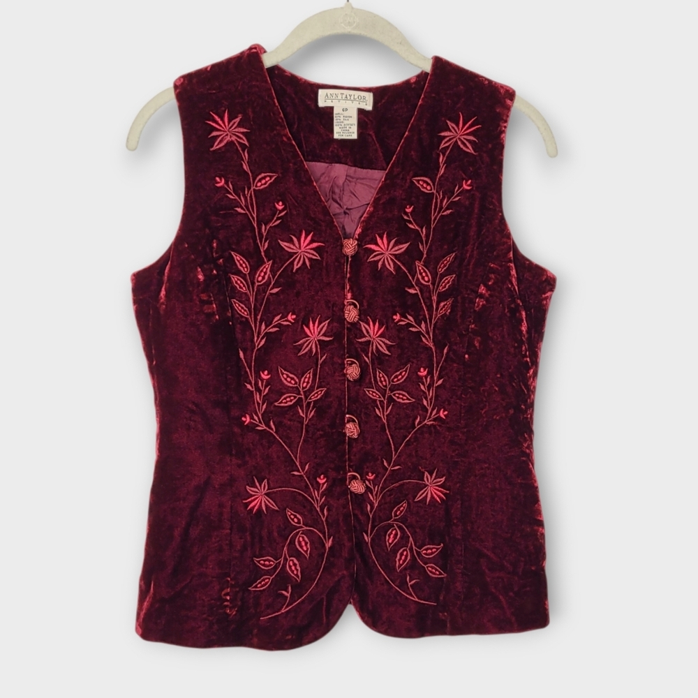 Ann Taylor Burgundy Velvet Embroidered Button Vest